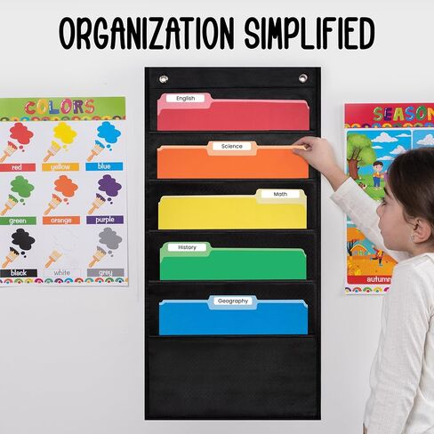 Essex Wares - 5 Pocket File Pocket Chart, Black, 14" Wide x 24" Tall - Versatile Wall Hanging File Folder Organizer for Classroom, Office, Home, and More - Wall Folder Organizer - 5 Pockets in Saudi Arabia