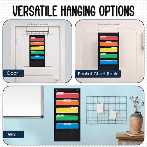 Essex Wares - 5 Pocket File Pocket Chart, Black, 14" Wide x 24" Tall - Versatile Wall Hanging File Folder Organizer for Classroom, Office, Home, and More - Wall Folder Organizer - 5 Pockets in Saudi Arabia