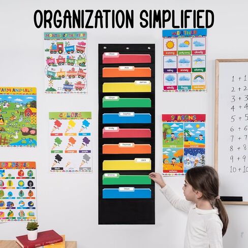 Essex Wares - 5 Pocket File Pocket Chart, Black, 14" Wide x 24" Tall - Versatile Wall Hanging File Folder Organizer for Classroom, Office, Home, and More - Wall Folder Organizer - 5 Pockets in Saudi Arabia