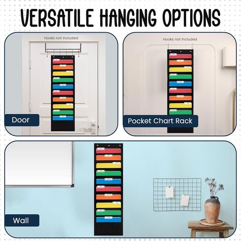 Essex Wares - 5 Pocket File Pocket Chart, Black, 14" Wide x 24" Tall - Versatile Wall Hanging File Folder Organizer for Classroom, Office, Home, and More - Wall Folder Organizer - 5 Pockets in Saudi Arabia