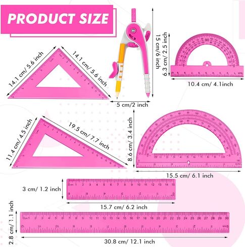 Zonon 1 Set Geometry Geometry Math Set 7 PCS تشمل 6 '' / 4 '' المنقلة ، والبوصلة الرسم ، وحاكم مثلث 45/60 ، 12 '' / 6 '' حاكم الرياضيات الشفافة للمستلزمات المكتبية (الوردي) in Kuwait