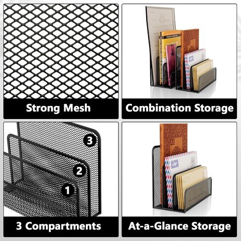 MESH MAIL Organizer 3 SLOT MAIL SORTER FOR MESH MESH LETTER SARTER حامل ملف لمستندات المكتب المنزلي والأظرف ومجموعة حامل مشبك ورق البطاقات البريدية (أسود) in Kuwait