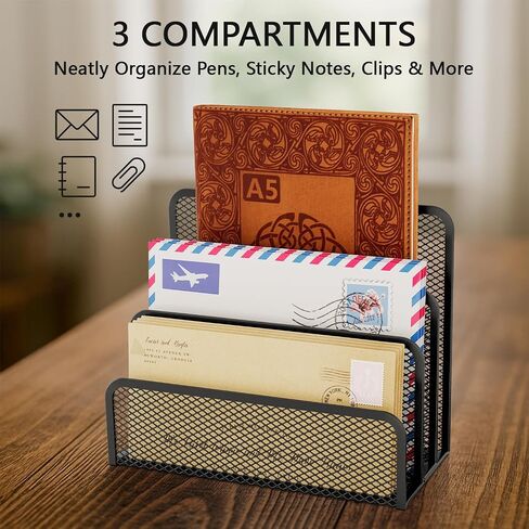 MESH MAIL Organizer 3 SLOT MAIL SORTER FOR MESH MESH LETTER SARTER حامل ملف لمستندات المكتب المنزلي والأظرف ومجموعة حامل مشبك ورق البطاقات البريدية (أسود) in Kuwait