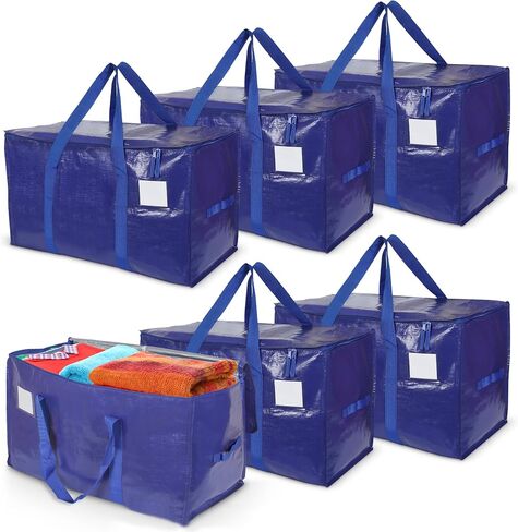 Yan & Hin 6 Pack 90L أكياس متحركة كبيرة إضافية مع مقابض حمل ، وأكياس الوريد ، وسحاب متين ، وجيب العلامات - حقيبة تعبئة قابلة لإعادة الاستخدام لتخزين الملابس والتنظيم (6 عبوات) in Kuwait