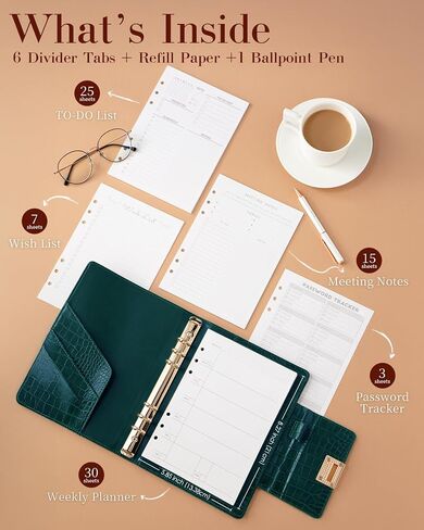 EGOSUNNY® A5 Undated Planner – 5.8" x 8.3" Crocodile-Textured Leather Cover, Refillable 6-Ring Binder with 80 Sheets, Dividers & Metal Ballpoint Pen - Journal Organizer for Work, School & Personal Use in Kuwait