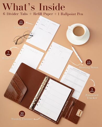 EGOSUNNY® A5 Undated Planner – 5.8" x 8.3" Crocodile-Textured Leather Cover, Refillable 6-Ring Binder with 80 Sheets, Dividers & Metal Ballpoint Pen - Journal Organizer for Work, School & Personal Use in Kuwait