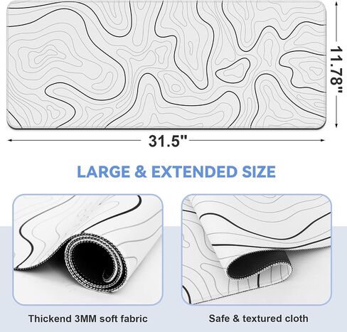 Mouse Pad Gaming Mousepad 31.5 x 11.8in Large Mouse Pad for Keyboard and Mouse with Anti-Slip Rubber Base, Keyboard Pad XL Mouse Mat for Home and Office（Black with White Topographic Line） in Saudi Arabia