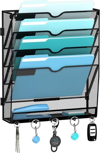 منظم ملفات الحائط مع 5 خطافات 5 منظم الملفات المعلقة ، منظم البريد العمودي لجدار الجدار للأوراق ، المجلدات ، المجلات ، الفواتير ، المنظمة المكتبية والمدرسة ، الأسود in Kuwait