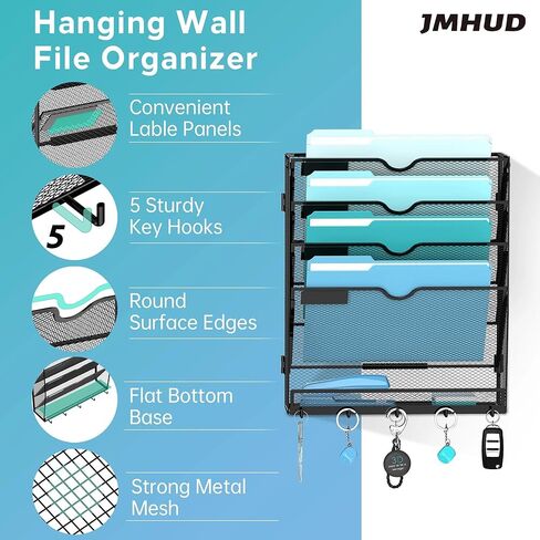 منظم ملفات الحائط مع 5 خطافات 5 منظم الملفات المعلقة ، منظم البريد العمودي لجدار الجدار للأوراق ، المجلدات ، المجلات ، الفواتير ، المنظمة المكتبية والمدرسة ، الأسود in Kuwait