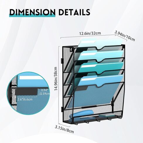 منظم ملفات الحائط مع 5 خطافات 5 منظم الملفات المعلقة ، منظم البريد العمودي لجدار الجدار للأوراق ، المجلدات ، المجلات ، الفواتير ، المنظمة المكتبية والمدرسة ، الأسود in Kuwait