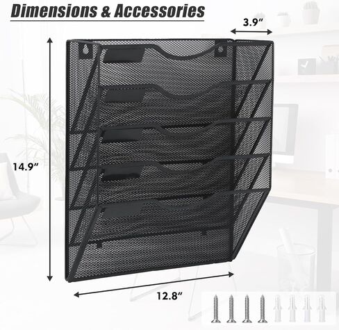 EASEPRES 5 Pocket Mesh Hanging Wall File Organizer, Wall Mounted Mail Paper Document Folder Holder, Clipboard Storage Organization Magazine Rack with Nametag Label for Office Home School, Black in Kuwait