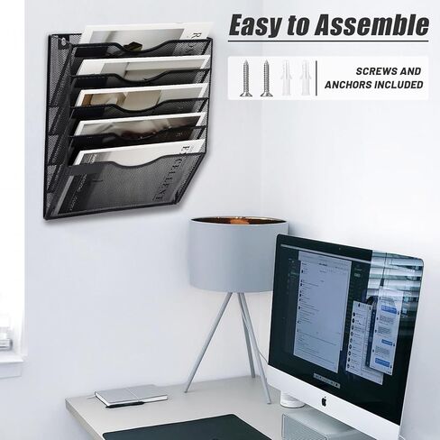 EASEPRES 5 Pocket Mesh Hanging Wall File Organizer, Wall Mounted Mail Paper Document Folder Holder, Clipboard Storage Organization Magazine Rack with Nametag Label for Office Home School, Black in Kuwait