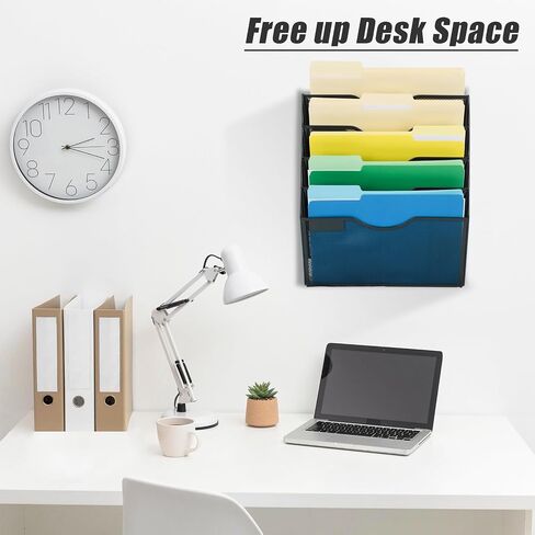 EASEPRES 5 Pocket Mesh Hanging Wall File Organizer, Wall Mounted Mail Paper Document Folder Holder, Clipboard Storage Organization Magazine Rack with Nametag Label for Office Home School, Black in Kuwait