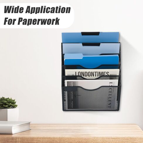 EASEPRES 5 Pocket Mesh Hanging Wall File Organizer, Wall Mounted Mail Paper Document Folder Holder, Clipboard Storage Organization Magazine Rack with Nametag Label for Office Home School, Black in Kuwait