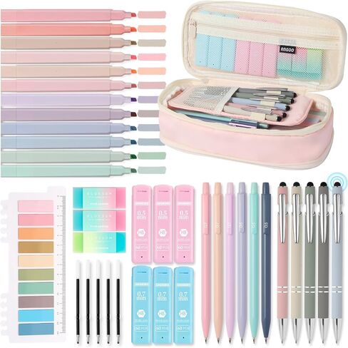 39PCS Aesthetic School Supplies with Cute Pencil Case, 5X Ballpoint Pens with Stylus Tip, 12X Pastel Highlighters, 6X Mechanical Pencil Set 0.5 & 0.7mm, Suit for Stationary College Essentials in Kuwait