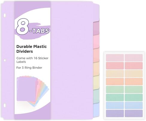 SKYDUE Durable Plastic 8-Tab Dividers, Big Tab Dividers for 3 Ring Binder, Write&Erase 3 Ring Binder Dividers with Tabs,with Sticker Labels, 1 Set, Pastel Color in Saudi Arabia