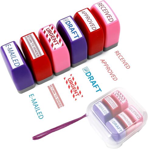 inking Self Stampp Set 6 Pack - Red & Blue Ink لمستندات المكتب | طوابع مطاطية مسبقة (تم استلامها ، معتمدة ، عاجلة ، مسودة) | طوابع مطاطية متينة للأوراق ورسائل البريد الإلكتروني والسجلات | بواسطة 6ugooes in Kuwait