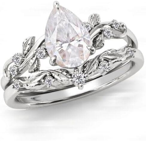 عتيقة 1.5ct خاتم الخطوبة Moissanite مجموعة 925 Silver Moissanite Art Deco Leaf Wedding Ring مجموعة Pear Cut Moissanite Bridal Ring Ring (18K White Gold Flaged ، 9) in Saudi Arabia