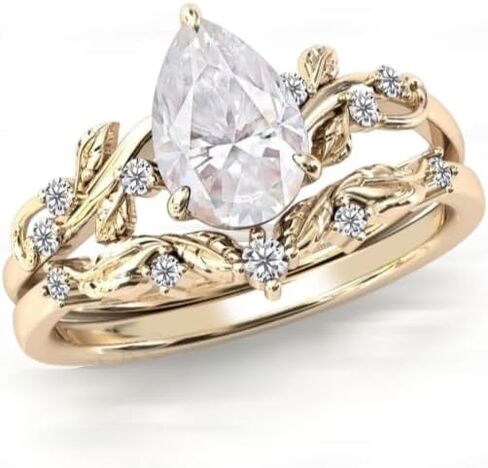 عتيقة 1.5ct خاتم الخطوبة Moissanite مجموعة 925 Silver Moissanite Art Deco Leaf Wedding Ring مجموعة Pear Cut Moissanite Bridal Ring Ring (18K White Gold Flaged ، 9) in Saudi Arabia