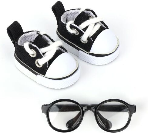 2pcs 17cm Doll Shoes & Glasses, Fashion Mini Lace-Up Canvas Casual Sneakers & Eyeglasses Cute Doll Outfit Accessories (Black) in Kuwait