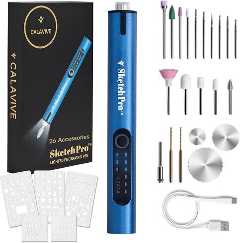 SketchPro Cordless Pen مع ضوء LED-أداة نقش الدقة ثلاثية السرعات للأخشاب والمعادن والزجاج والبلاستيك-USB-C قابلة لإعادة الشحن ، 26 ملحقات-مثالية لمشاريع DIY ، المجوهرات والمجوهد in Saudi Arabia