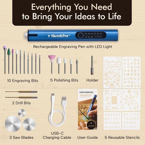 SketchPro Cordless Pen مع ضوء LED-أداة نقش الدقة ثلاثية السرعات للأخشاب والمعادن والزجاج والبلاستيك-USB-C قابلة لإعادة الشحن ، 26 ملحقات-مثالية لمشاريع DIY ، المجوهرات والمجوهد in Saudi Arabia