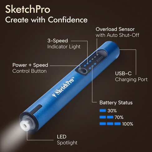 SketchPro Cordless Pen مع ضوء LED-أداة نقش الدقة ثلاثية السرعات للأخشاب والمعادن والزجاج والبلاستيك-USB-C قابلة لإعادة الشحن ، 26 ملحقات-مثالية لمشاريع DIY ، المجوهرات والمجوهد in Saudi Arabia