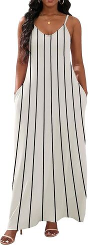 فساتين نسائية طويلة برقبة على شكل حرف V وحمالات سباغيتي قابلة للتعديل، فستان بدون أكمام مقاس كبير مع جيوب in Kuwait