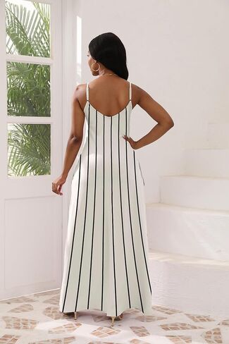 فساتين نسائية طويلة برقبة على شكل حرف V وحمالات سباغيتي قابلة للتعديل، فستان بدون أكمام مقاس كبير مع جيوب in Kuwait