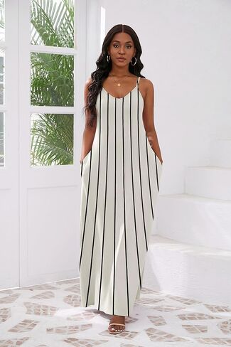 فساتين نسائية طويلة برقبة على شكل حرف V وحمالات سباغيتي قابلة للتعديل، فستان بدون أكمام مقاس كبير مع جيوب in Kuwait