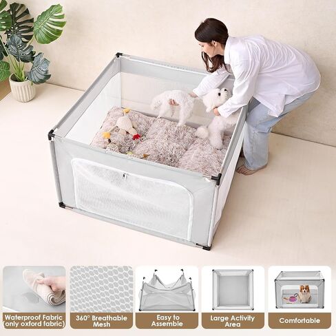 EHEYCIGA 42x42x26 Inches Puppy Playpen Without Top Cover for Dogs & Cats Indoor or Outdoor - Dog Playpen with Door, Dog Fence for Small Animal with Heavy-Duty Oxford & Steel Frame, Sliver Grey in Kuwait