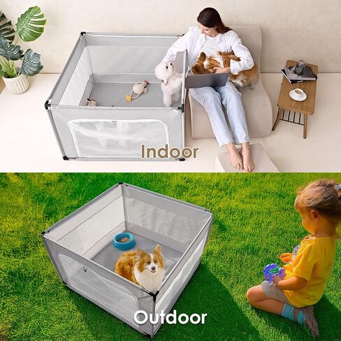 EHEYCIGA 42x42x26 Inches Puppy Playpen Without Top Cover for Dogs & Cats Indoor or Outdoor - Dog Playpen with Door, Dog Fence for Small Animal with Heavy-Duty Oxford & Steel Frame, Sliver Grey in Kuwait