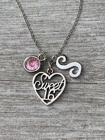 Infinity Collection - Sweet 16 Birthday Personalized Necklace with Letter & Birthstone Charm. Sweet 16 Jewelry Custom Necklace. 16th Birthday Gift for Girls. Stainless Steel Necklace for 16th Birthday in Saudi Arabia