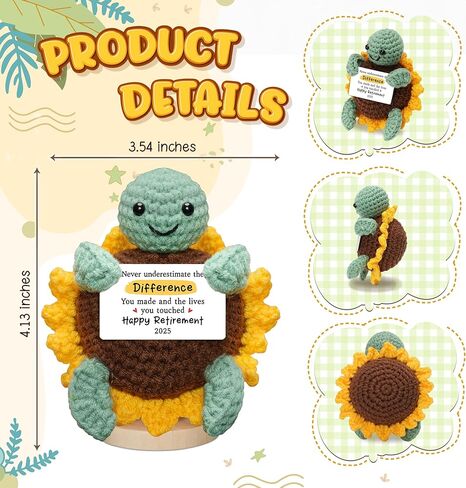 HEXMOZ Handmade Retired Turtle Sunflower Crochet - Retirement Gifts for Women Men 2025 - Retired Gift for Coworker Boss Employee Teacher Nurse - Farewell Coworker Leaving Party Turtle Decor in Kuwait