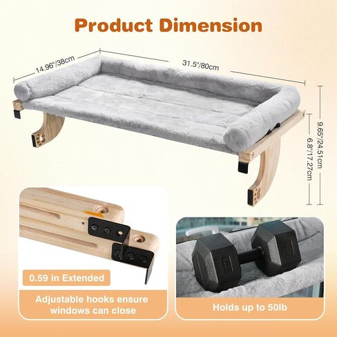 Oversized Cat Window Perch, 31.5 x 14.96 in, Cat Window Hammock with Plush Bolster for Large Felines and Multi Felines, Adjustable Cats Bed for Windowsill, Bedside, Cabinet & Drawer (Gray) in Saudi Arabia
