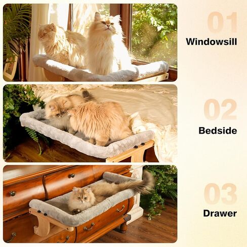 Oversized Cat Window Perch, 31.5 x 14.96 in, Cat Window Hammock with Plush Bolster for Large Felines and Multi Felines, Adjustable Cats Bed for Windowsill, Bedside, Cabinet & Drawer (Gray) in Saudi Arabia