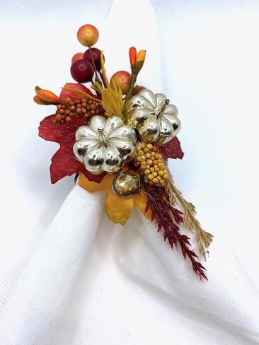 Fall Napkin Rings with Metallic Gold Pumpkin; Fall Branches and Leaves Set of 6 in Saudi Arabia