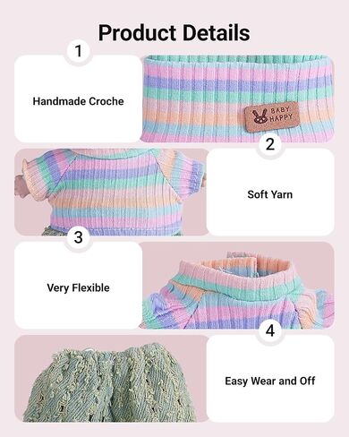 4pcs مصنوع يدويًا 15 سم/17 سم مجموعة من ملابس لابوبو (بدون دمية) ، وملحقات ملابس لطيفة ومتميزة ، وقبعة كروشيه يدوي ، ونسبين ، وتنورة ، وحقيبة (قوس قزح) AK052 in Kuwait