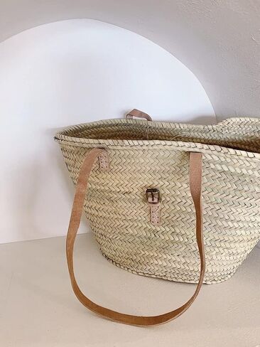 FRENCH BASKET straw bag with leather handles, beach bag, straw bag, market basket, summer bag, crossbody bag, straw basket with handles for women in Saudi Arabia