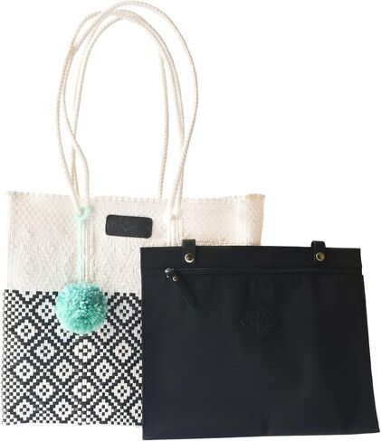 Tin Marin White Tote ، مقابض طويلة إضافية ، حمل بلاستيكي منسوف يدويًا ، حقيبة منسوجة من البلاستيك المكسيكي ، حقيبة شاطئية ، حقيبة صيفية ، تشطيبات جلدية in Saudi Arabia