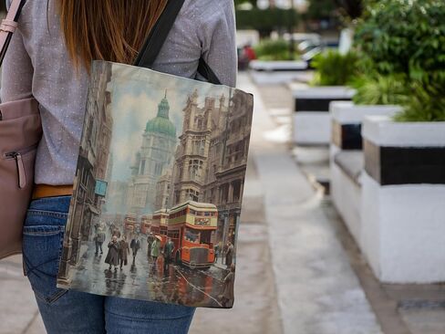 Metropolitan Chic Tote Bag | Retro Vintage Charming Motif Stylish Fashionable Vivid and Bold Street Scene | Spacious and Durable Carryall Large in Saudi Arabia