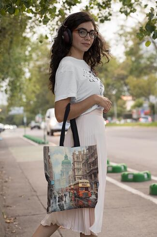 Metropolitan Chic Tote Bag | Retro Vintage Charming Motif Stylish Fashionable Vivid and Bold Street Scene | Spacious and Durable Carryall Large in Saudi Arabia
