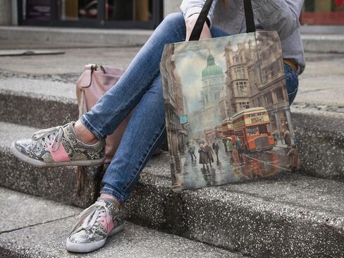 Metropolitan Chic Tote Bag | Retro Vintage Charming Motif Stylish Fashionable Vivid and Bold Street Scene | Spacious and Durable Carryall Large in Saudi Arabia