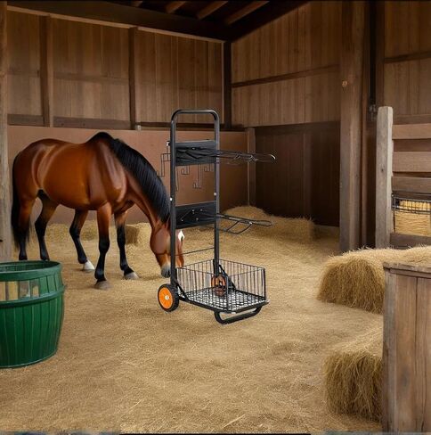 Rolling Horse Saddle Rack Cart Cart Rack Stand Rack Stark - 3 مستويات ثقيلة مع مواقف سرج قابلة للإزالة وسلة تخزين ، منظم حصان لتخزين مستقر ، متحرك ، مستلزمات النقل in Kuwait
