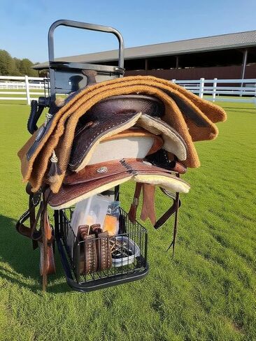 Rolling Horse Saddle Rack Cart Cart Rack Stand Rack Stark - 3 مستويات ثقيلة مع مواقف سرج قابلة للإزالة وسلة تخزين ، منظم حصان لتخزين مستقر ، متحرك ، مستلزمات النقل in Kuwait
