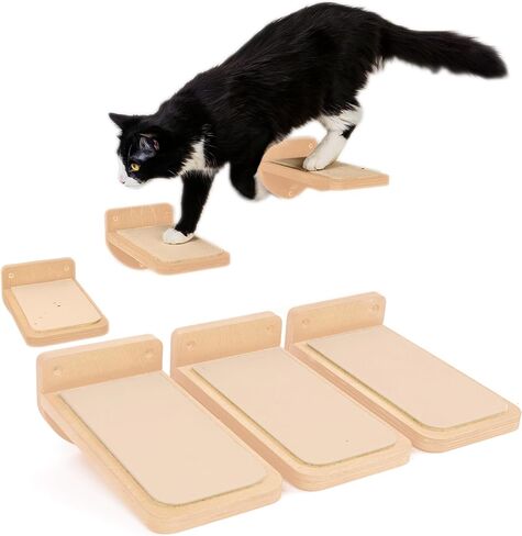 INICIO Cat Wall Stairs, Natural Wood - Set of 3 Wall Steps for Cats to Climb with Fixtures, 9.3"x4.7" - Floating Steps for Climbing or Playing - for Kittens and Adult Cats in Saudi Arabia