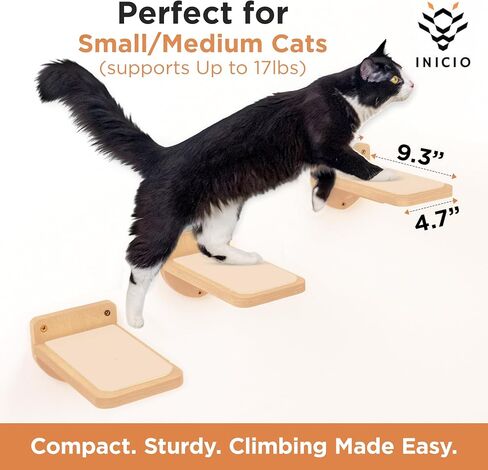 INICIO Cat Wall Stairs, Natural Wood - Set of 3 Wall Steps for Cats to Climb with Fixtures, 9.3"x4.7" - Floating Steps for Climbing or Playing - for Kittens and Adult Cats in Saudi Arabia