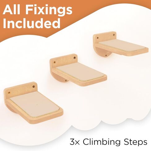 INICIO Cat Wall Stairs, Natural Wood - Set of 3 Wall Steps for Cats to Climb with Fixtures, 9.3"x4.7" - Floating Steps for Climbing or Playing - for Kittens and Adult Cats in Saudi Arabia