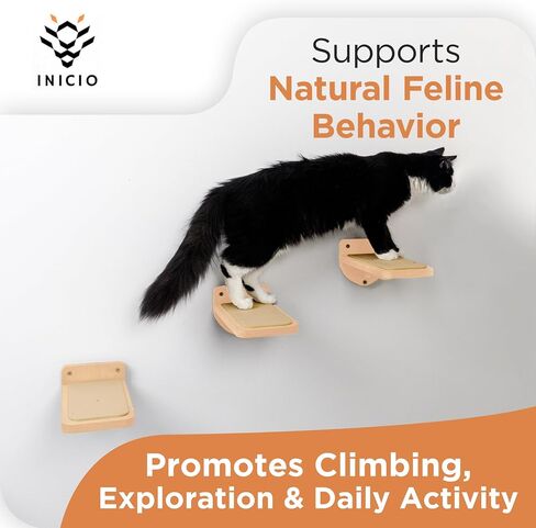 INICIO Cat Wall Stairs, Natural Wood - Set of 3 Wall Steps for Cats to Climb with Fixtures, 9.3"x4.7" - Floating Steps for Climbing or Playing - for Kittens and Adult Cats in Saudi Arabia