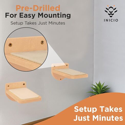 INICIO Cat Wall Stairs, Natural Wood - Set of 3 Wall Steps for Cats to Climb with Fixtures, 9.3"x4.7" - Floating Steps for Climbing or Playing - for Kittens and Adult Cats in Saudi Arabia